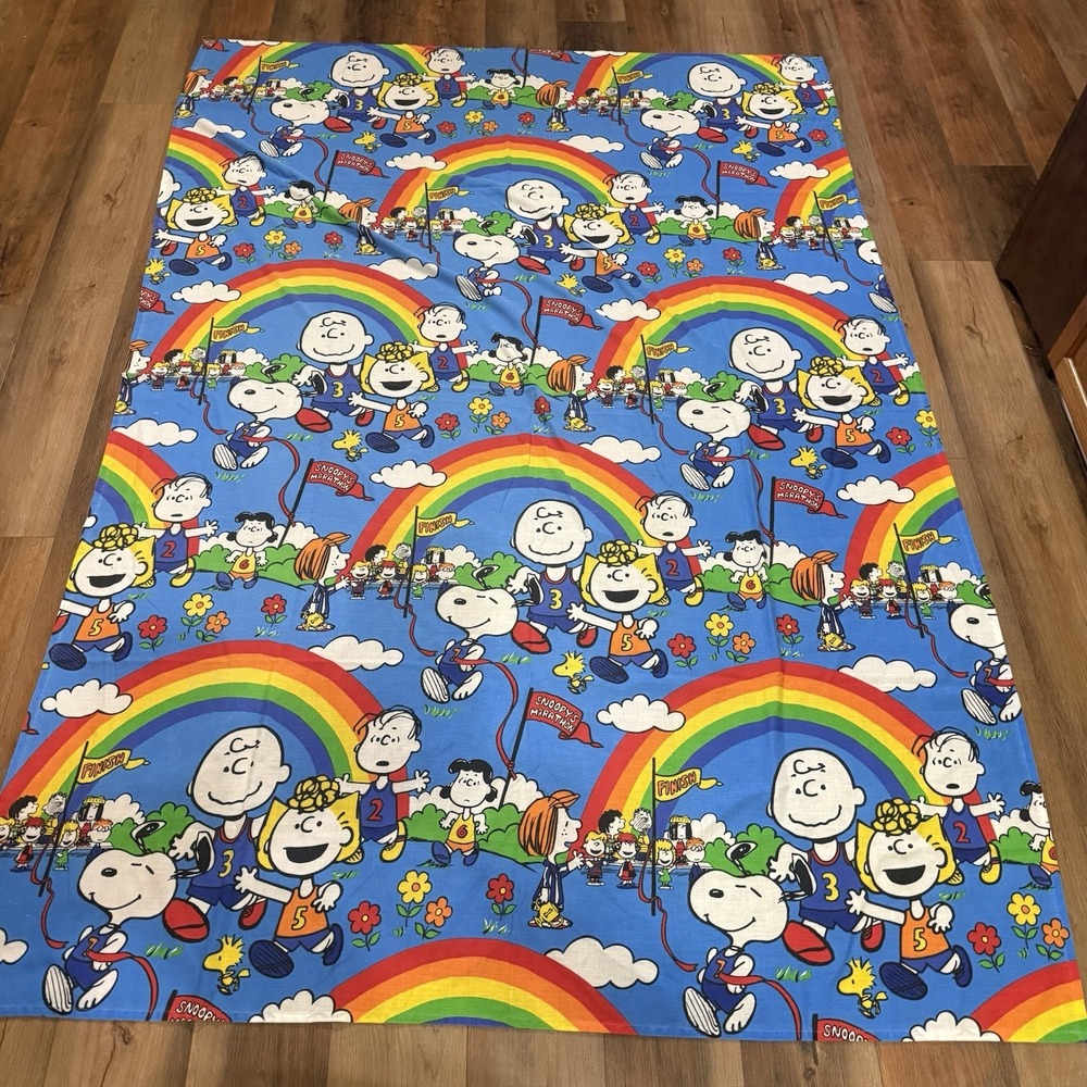 VTG '78 Peanuts Flat Sheet Snoopy Charlie Brown Rainbow Marathon Fabric Material